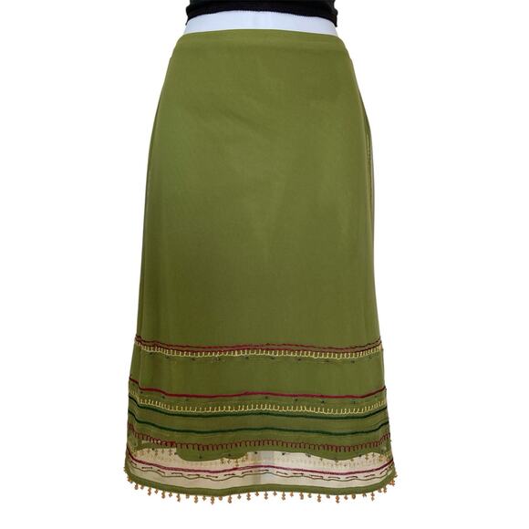 Vintage 90s Y2k Express Green Mesh Boho Fairy Festival Beaded Midi Skirt XS/2 - Picture 1 of 7